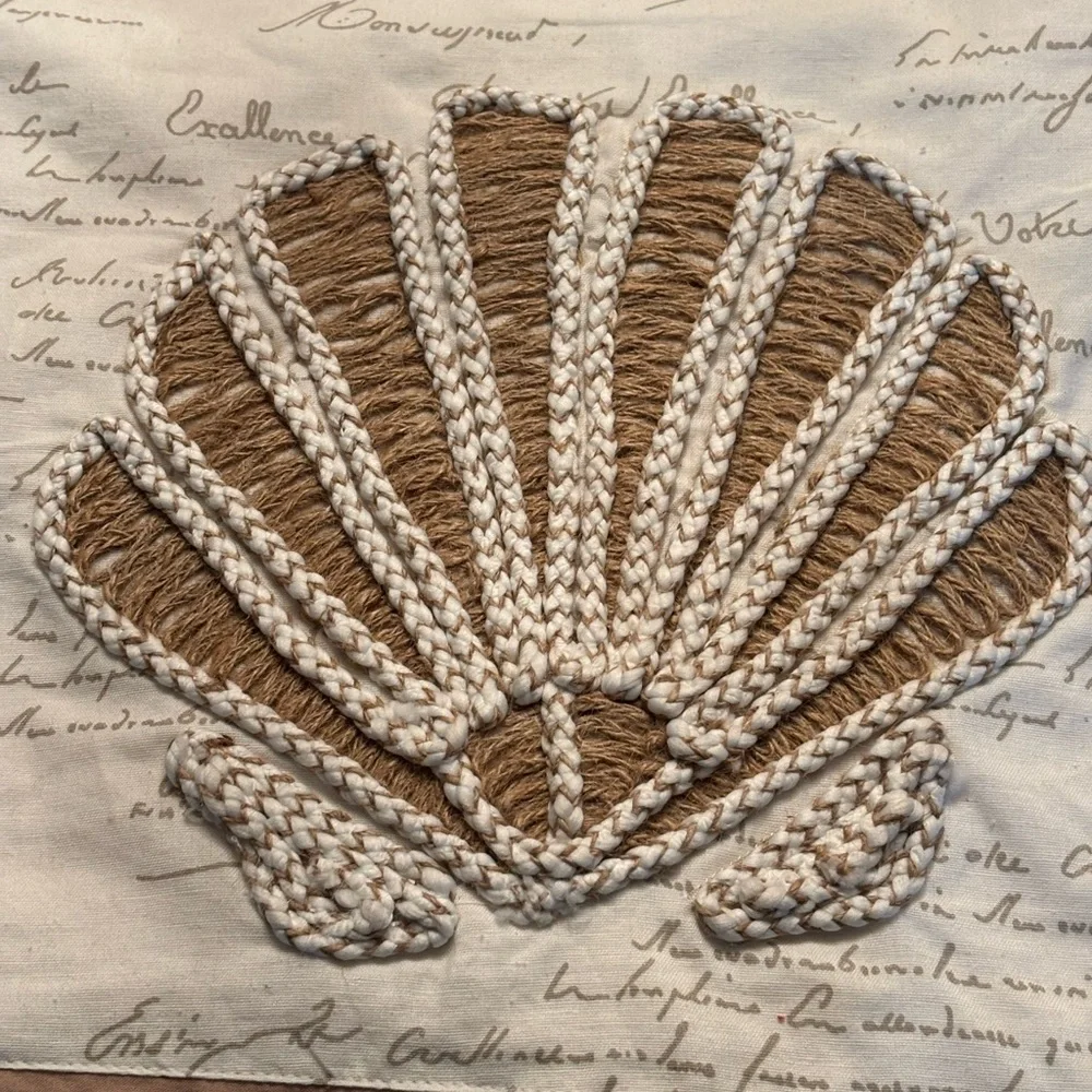 New PIER 1 IMPORTS seashell script embroidery table runner 13x72 Cotton Linen